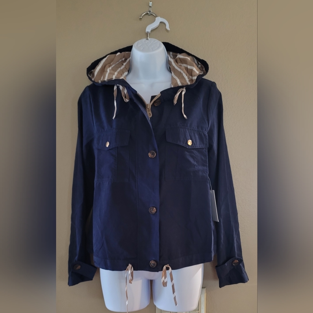 MINE - Women’s: S- Nautical, navy blue, lightweight, hooded jacket. NWT